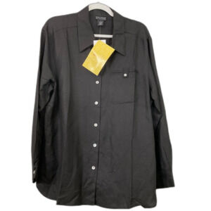 NWT QVC Dialogue Linen Blend  Button Up Blouse Top L Black Office minimalist
